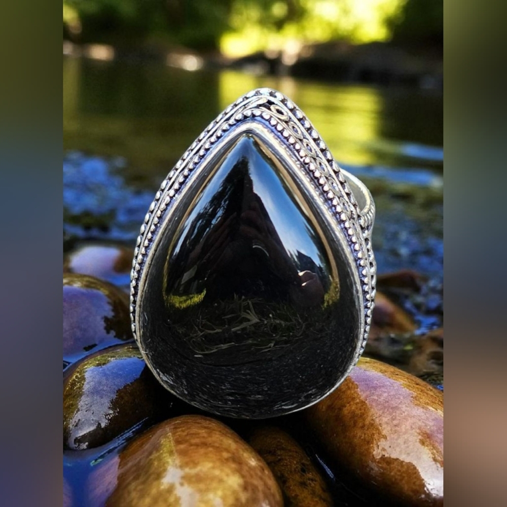 NWT Black Onyx Gemstone Handmade Antique Design Statement Ring Size-8